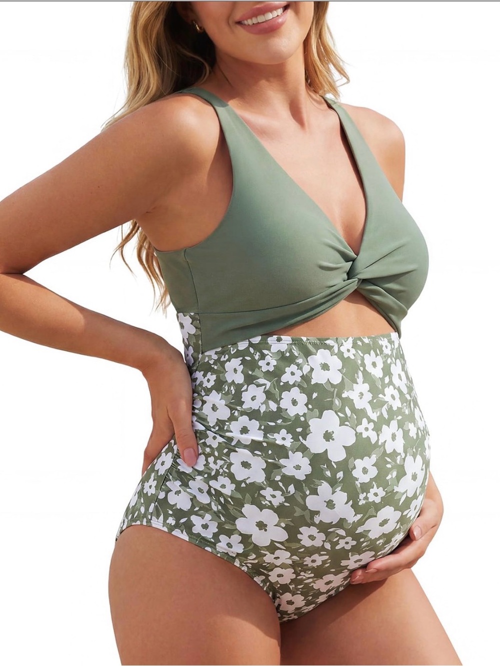 Olive Green Two-Piece Maternity Swimsuit with White Floral Print